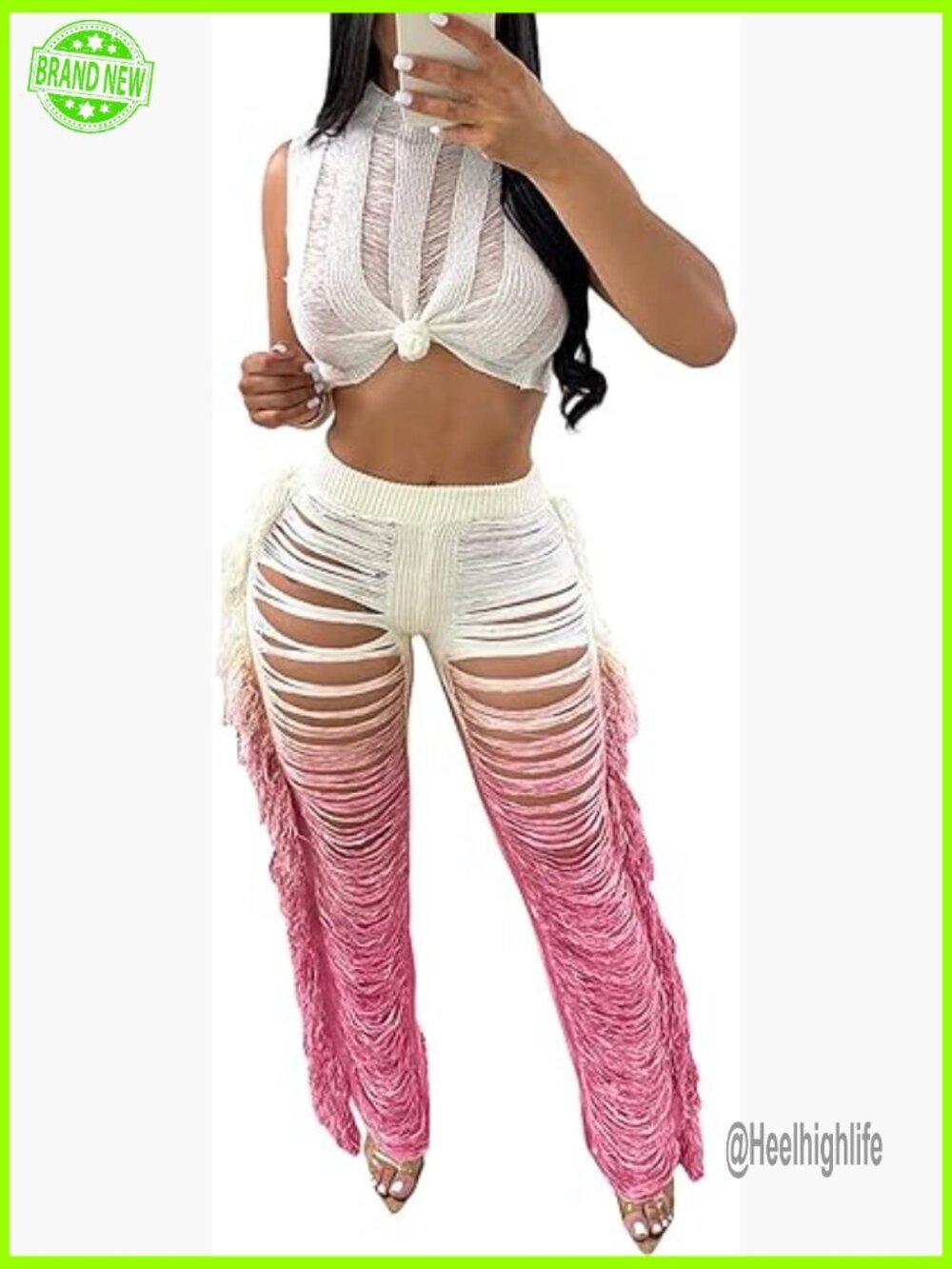 See-Through Crop Top & Ripped Fringe Pants Knit Set Size XL